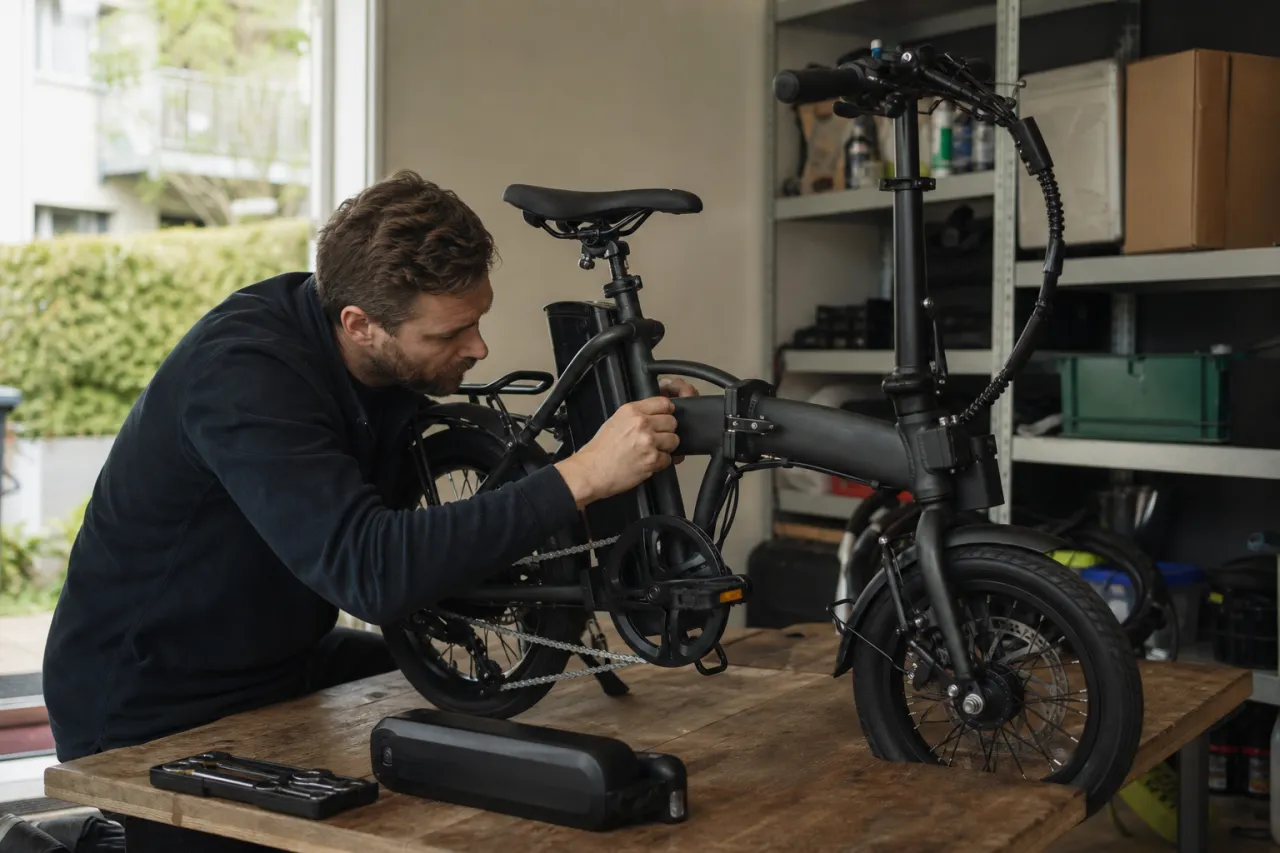 Begagnad hopfällbar elcykel: kontrollista för gångjärn, lås och batteri