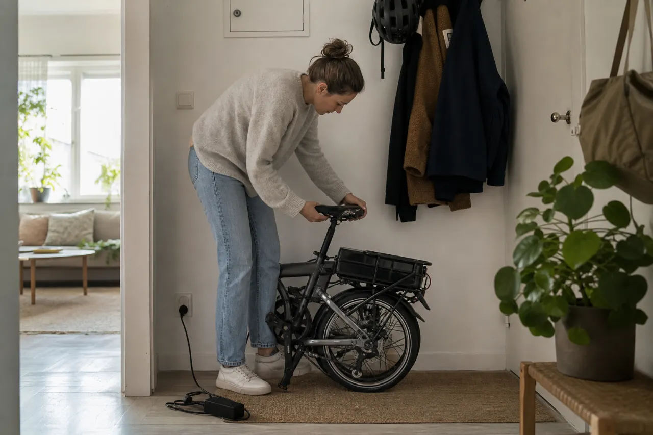 Hopfällbar elcykel i lägenhet – får den plats och kan den laddas säkert?