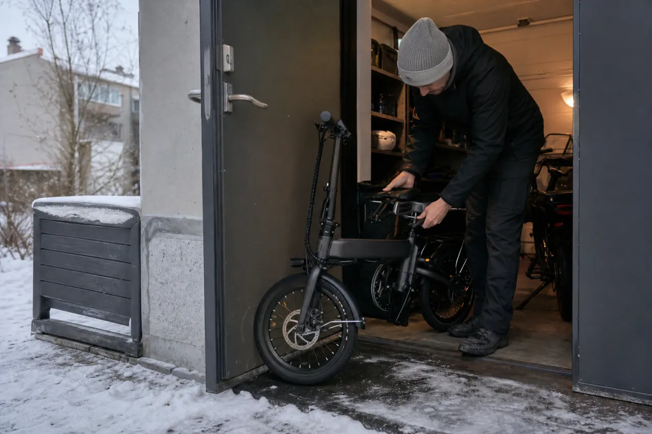 Hopfällbar elcykel på vintern – små hjul, kallt batteri och förvaring