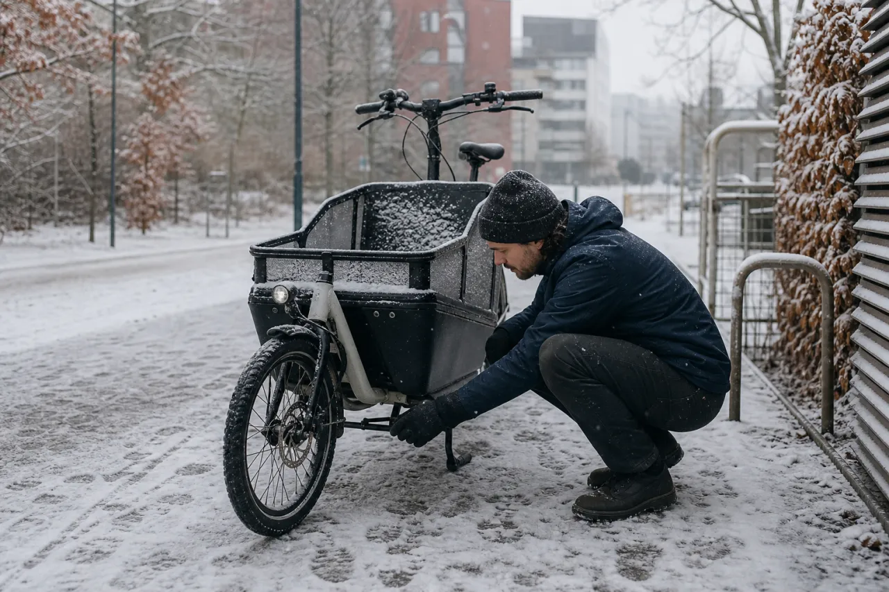 Lastcykel på vintern: däck, bromsar och batteri i kyla
