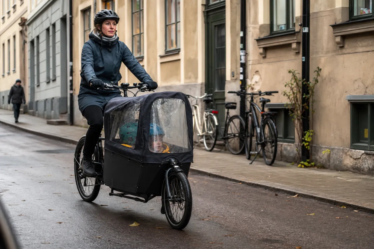 Elcykel med lastutrymme parkerad utomhus